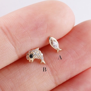 14k Solid Gold Dolphin Stud Earring, Fish Cartilage Earring, Helix Stud, Conch Piercing, Tragus Earring, Unique Fish Stud, Flat Back Earring