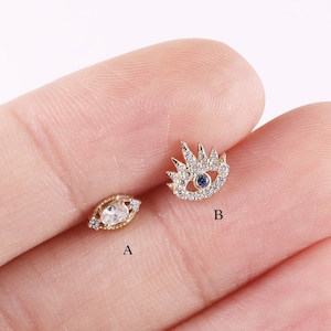 14k Solid Gold Evil Eye Cartilage Piercing, Cute Eye Helix Stud, Conch Earring, Flat Back Earring, Tragus Jewelry, Gift For Her