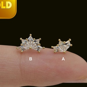 14k Solid Gold Crown Stud Earring Geometric Earring Tragus Earring Helix Conch Stud Flat Push Back Earring Threadless Labret Stud 20g
