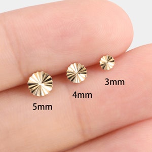 14k Solid Gold Quirl Disc fadenlose Push-Pin, kleine Scheibe Helix Bolzen, Knorpel Piercing, Gold runde Bolzen, flache Rückseite Ohrring, kleine Bolzen