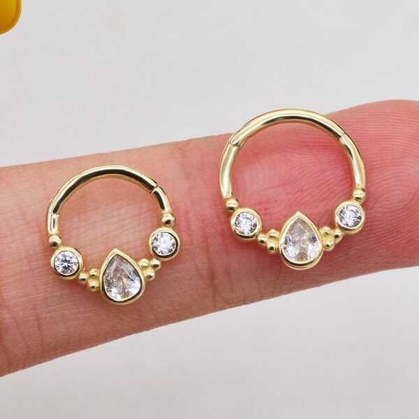 14k Solid Gold Teardrop Bezel Hoop Piercing Bendable Septum Hoop Nose Ring Gold Cartilage Clicker Daith Helix Hoop Nose Piercing 16g