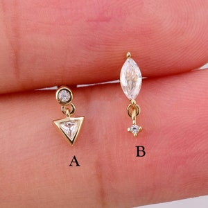 14k Solid Gold Triangle CZ Dangle Threadless Earring Marquise Cartilage Stud Dangling Helix Tragus Piercing Conch Stud Flat Back Earring 20g