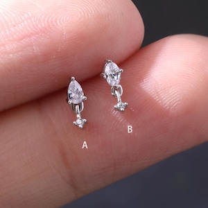14K Solid White Gold Dangle Cartilage Stud, Minimalist Drop Helix Conch Earring, Flat Stud Piercing, Threadless Push In Labret, Tragus Stud