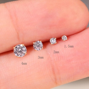 14k Solid Gold Solitaire Diamond/Moissanite/CZ Stud Cartilage Earring Tragus Helix Conch Nose Labert Piercing Threadless Flat Back Stud