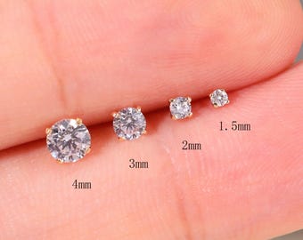 14k Solid Gold Solitaire Diamond/Moissanite/CZ Stud Cartilage Earring Tragus Helix Conch Nose Labert Piercing Threadless Flat Back Stud