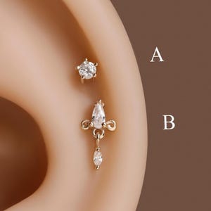 Brincos de hélice em ouro maciço 14K com pingente de vinha, delicados brincos de argola para cartilagem com zircônia cúbica minimalista e corrente para fixação no lóbulo da orelha.