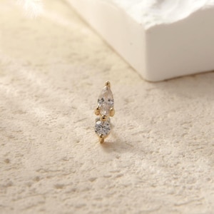 14k Solid Gold Marquise Stud Earring Round Cartilage Earring Dainty Tragus Conch Stud Helix Piercing Threadless Flat Push Back Earring
