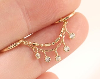 14K Solid Gold Double Chain Attachment Dangle Hoop Charm Chain Cartilage Helix Conch Chain Accessory Dainty Nose Hoop Clicker Chain