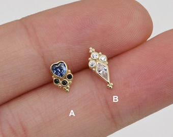 14K Solid Gold Dainty Rhombic Helix Cartilage Tragus Stud Heart Tanzanite Tiny Conch Helix Tragus Earring Flat Back Earring Gift for her 20g