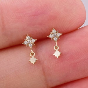 14K massief gouden ster bungelen kraakbeen oorbel kleine ster stud push pin labret stud ster Helix stud conch tragus piercing platte achterkant oorbel 20g