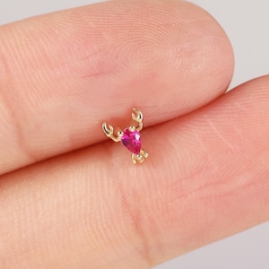 Tiny Creatures: 14K Solid Gold Crab Stud Earring Tiny Red Teardrop Cartilage Piercing Helix Tragus Conch Nose Labret Threadless Stud