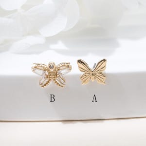14k Solid Gold Butterfly Cartilage Earring Gold Tragus Stud Helix Earring Conch Piercing Earlobe Earring Minimalist Flat Back Earring