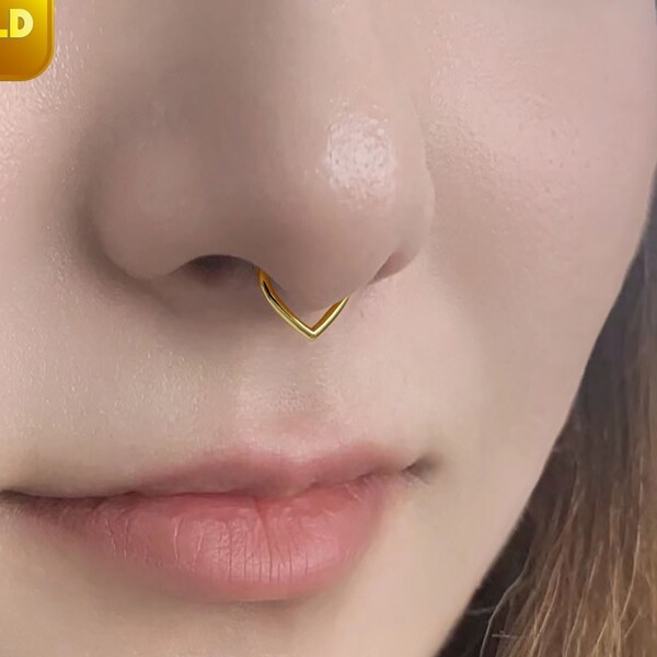14k Solid Gold Dreieck Septum Ring Teardrop Hinged Clicker Hoop V-förmig Nasenring Knorpel Daith Tragus Ohrring Septum Clicker Hoop 16g