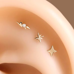 14k Solid Gold Ultra Tiny Earring Fine Star Lightning Whether Stud Helix Conch Piercing Jewelry Earring Handmade Gift For Her