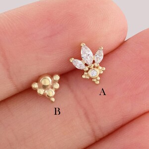 Marquise Conch Earring, 14K Solid Gold Cartilage Stud, Gold Helix Stud, Beaded Tragus Piercing, Minimalist Earring, Flat Back Earring 20g