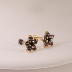 14k Solid Gold Floral Gleaming Rainbow Quartz Stone Earring Gold Flower Cartilage Piercing Helix Tragus Conch Earring Flat Back Earring