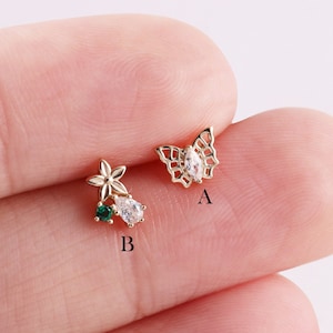 14K Solid Gold Threadless Butterfly Cartilage Earring, White/Green Cubic Zirconia Flower Ear Piercing, Flower Helix Stud, Flat Back Earring