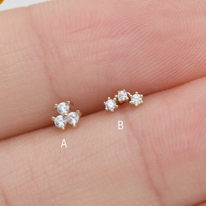 14k Solid Gold Three Stone Cartilage Piercing Dainty Stud Earring Helix Tragus Conch Stud Push in Labret Flat Back Earring