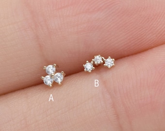 14k Solid Gold Three Stone Cartilage Piercing Dainty Stud Earring Helix Tragus Conch Stud Push in Labret Flat Back Earring