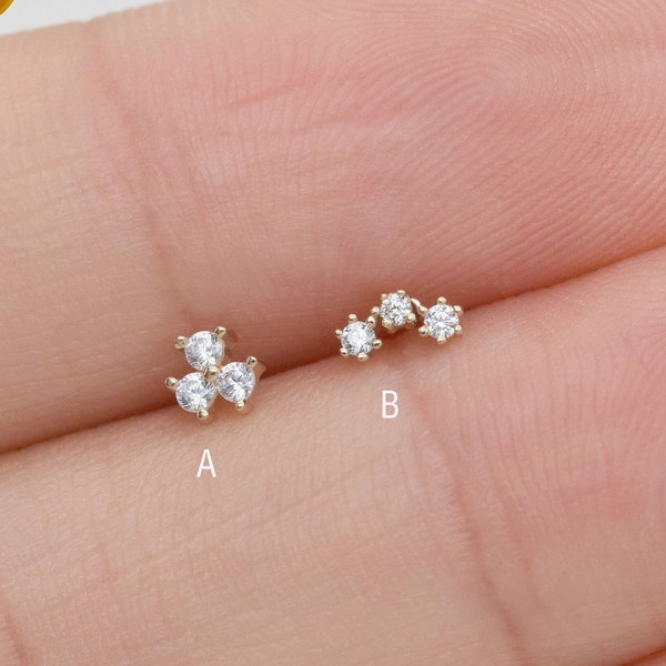 14k Solid Gold drei Stein Knorpel Piercing Zierliche Ohrstecker Helix Tragus Conch Stud Labret flache Rückseite Ohrring einschieben