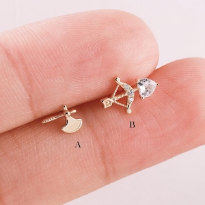14k Solid Gold Cupid’s Bow Toy Earring Delicate Toy Cartilage Piercing Gold Helix Stud Conch Earring Tragus Jewelry Flat Push Back Earring