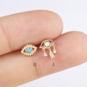 14k Solid Gold Opal Evil Eye Stud Gold Dangle Earring Cartilage Earring Tragus Stud Helix Conch Piercing Labert Stud Flat Back Earring