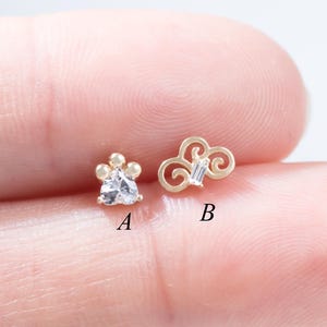 14K Solid Gold Tiny Stud Earring Triangle CZ Cluster & Cloud Shape Baguette Stud Flat Back Cartilage Helix Tragus Jewelry Dainty Nose Stud