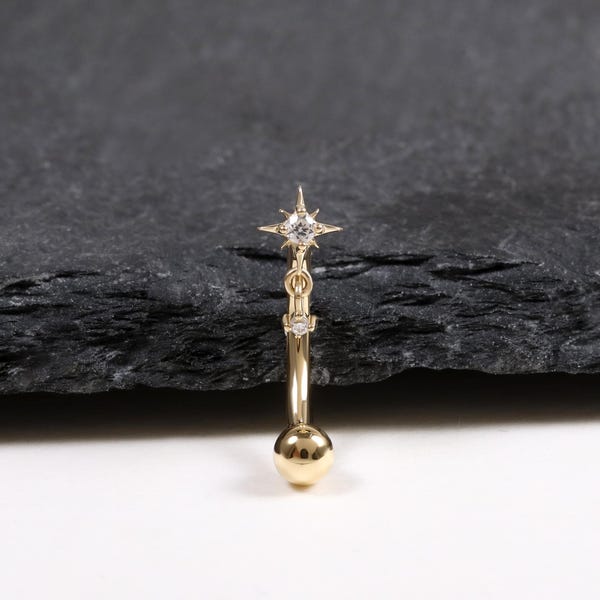14K Solid Gold Starburst Dangle Rook Piercing Dainty Celestial Star Curved Barbell Ring Minimalist Drop Cubic Zirconia Eyebrow Jewelry 16G8