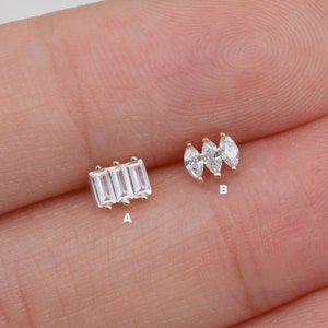 Brinco de pino de três baguetes de ouro maciço 14k, piercing de cartilagem marquesa, brinco de hélice marquesa, brinco de concha tragus, brinco sem rosca nas costas