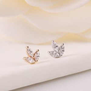 14k Solid Weißgold Labret Bolzen, Knorpel Piercing, Marquise Blatt Bolzen, Helix Bolzen, Gelbgold Conch Ohrring, Tragus Flat Back Ohrring
