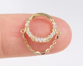 14K Solid Gold Moissanite Chain Clicker Hoop, Diamond Dangle Helix Earring, Daith Septum Ring, Gold Chain Cartilage Piercing Jewelry 16g