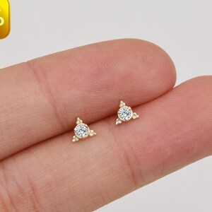 14k Solid Gold Triangle Stud Earring Beaded CZ Stud Earring Helix Conch Tragus Earring Dainty Gold Helix Piercing Flat Back Earring 20g