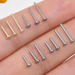 Piercing de oro macizo de 14 quilates con parte trasera plana, cierre de presión de titanio y cierre de rosca de oro macizo para cartílago, concha, hélice, tragus (16 g, 18 g, 20 g).