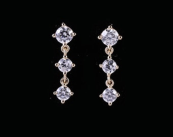 14k Solid Gold Chain Drop Cartilage Earring Sparkling Dangle Helix Stud Lobe Conch Earring Elegant Everyday Earring Flat Back Stud
