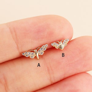 14k Solid Gold Butterfly Stud Earring, Bee Cartilage Earring, Helix Stud Conch Piercing, Tragus Earring, Cute Bee Stud, Flat Back Earring