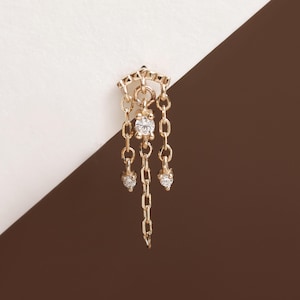 14K Solid Gold Dangle Chain Drop Earring Dainty Helix Earlobe Flat Back Piercing Elegant Minimalist Stud Classic Fine Jewelry Gift For Her