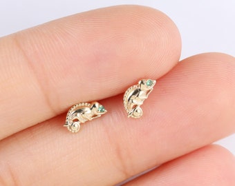 Tiny Creatures: 14K Solid Gold lizard Stud Earring Tiny Animal Stud Piercing Tragus Helix Earring Flat Back Earring Threadless End