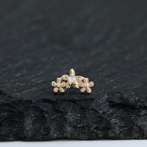 14K Solid Gold Floral Helix Stud Earring Delicate Triple Flower Cartilage Threadless Push Back Cluster CZ Earlobe Conch Piercing Jewelry
