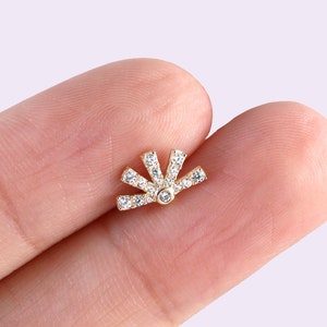 14k Solid Gold Sun Cartilage Stud Earring, Minimalist Fan Earring, Gold Helix Stud, Conch Earring, Labret Stud, Tragus Flat Back Earring