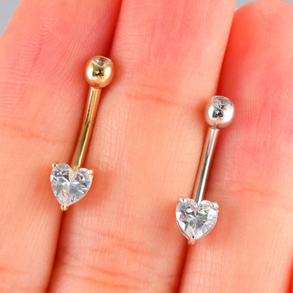 14k Solid Gold Heart CZ Stone Belly Button White Gold Externally Threaded Navel Belly Ring Minimalist Belly Ring Curve Barbell Ring 14g