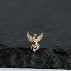 14K Solid Gold Phoenix Helix Stud Earring Dainty Mythical Bird Cartilage Threadless Pin Firebird Earlobe Piercing Jewelry Gift for Her