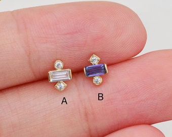 14K Solid Gold Tanzanite Baguette Cut Cartilage Stud Earring Tragus Conch Earring Gold Helix Stud Cartilage Stud Flat Back Earring 20G