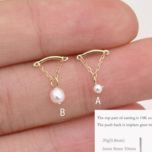 14k Solid Gold Pearl Drape Chain Stud Earring Helix Chain Stud Conch Tragus Earring Dangle Pearl Earring Gold Bar Stud Flat Back Earring 20g
