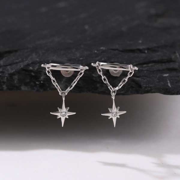 14k Solid White Gold Starburst baumeln Knorpel Ohrring versteckte Helix Bolzen Tragus Piercing Conch Ohrring flache Rückseite fadenlos Bolzen Schmuck