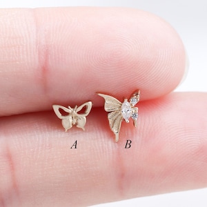 14K Solid Gold Butterfly Stud Earring, Dainty Flat Back Cartilage Piercing, Minimalist Tragus Helix Earring for Everyday Wear, Nose Stud