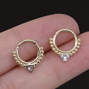 14K Solid Gold Teardrop Clicker Ring Heart Shape Beaded Septum Hoop Dainty Helix Daith Tragus Piercing Gold Cartilage Hoop Jewelry 16g