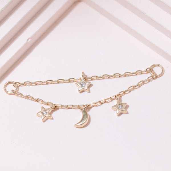 14K Solid Gold Chain Helix Dangle Charm/Moon and Star Double Chain Connector Charm/Dainty Cartilage Nose Lobe Hoop Piercing Charm Jewelry