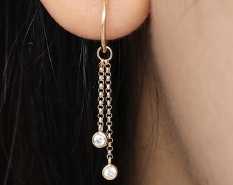 14K Solid Gold Double Chain Dangle Charm Minimalist Piercing Accessory Earring Gold Cartilage Helix Conch Earring