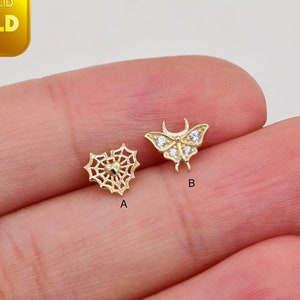 14K Solid Gold Schmetterling Knorpel Ohrstecker Gold Herz Spinnennetz Piercing Herz Helix Bolzen Conch Tragus Ohrring Flache Rückseite Ohrring 20g