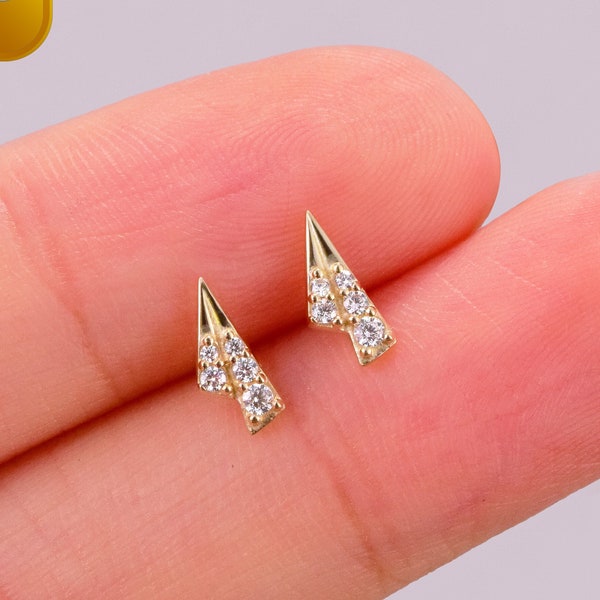 14K Solid Gold Geometric Double Triangle Stud Earing Triangle Cartilage Piercing Tiny Conch Helix Stud Tragus Earring Flat Back Earring 20g